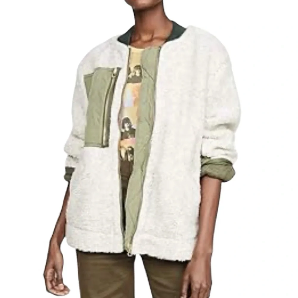 Free People Rivington Sherpa Olive Oversized Relaxed Zipper Jacket Womens Large - Picture 2 of 11